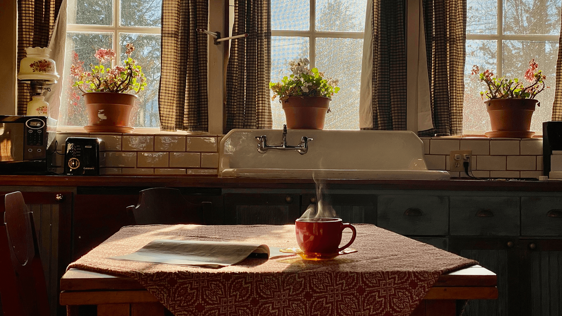 A steaming cup of coffee sits on a patterned tablecloth in a cozy kitchen filled with sunlight and potted flowers.