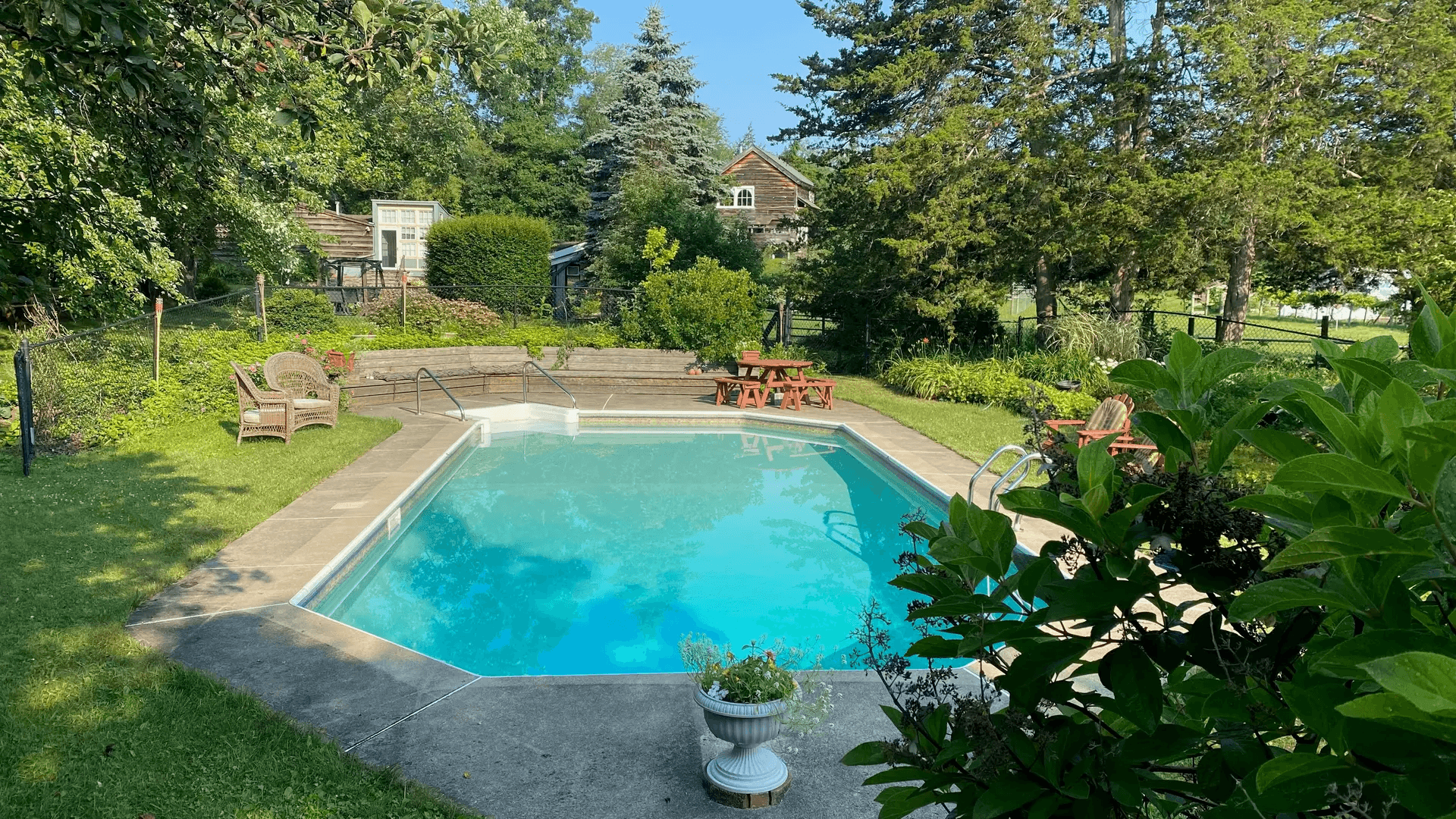 A serene backyard pool surrounded by lush greenery and patio seating on a sunny day.