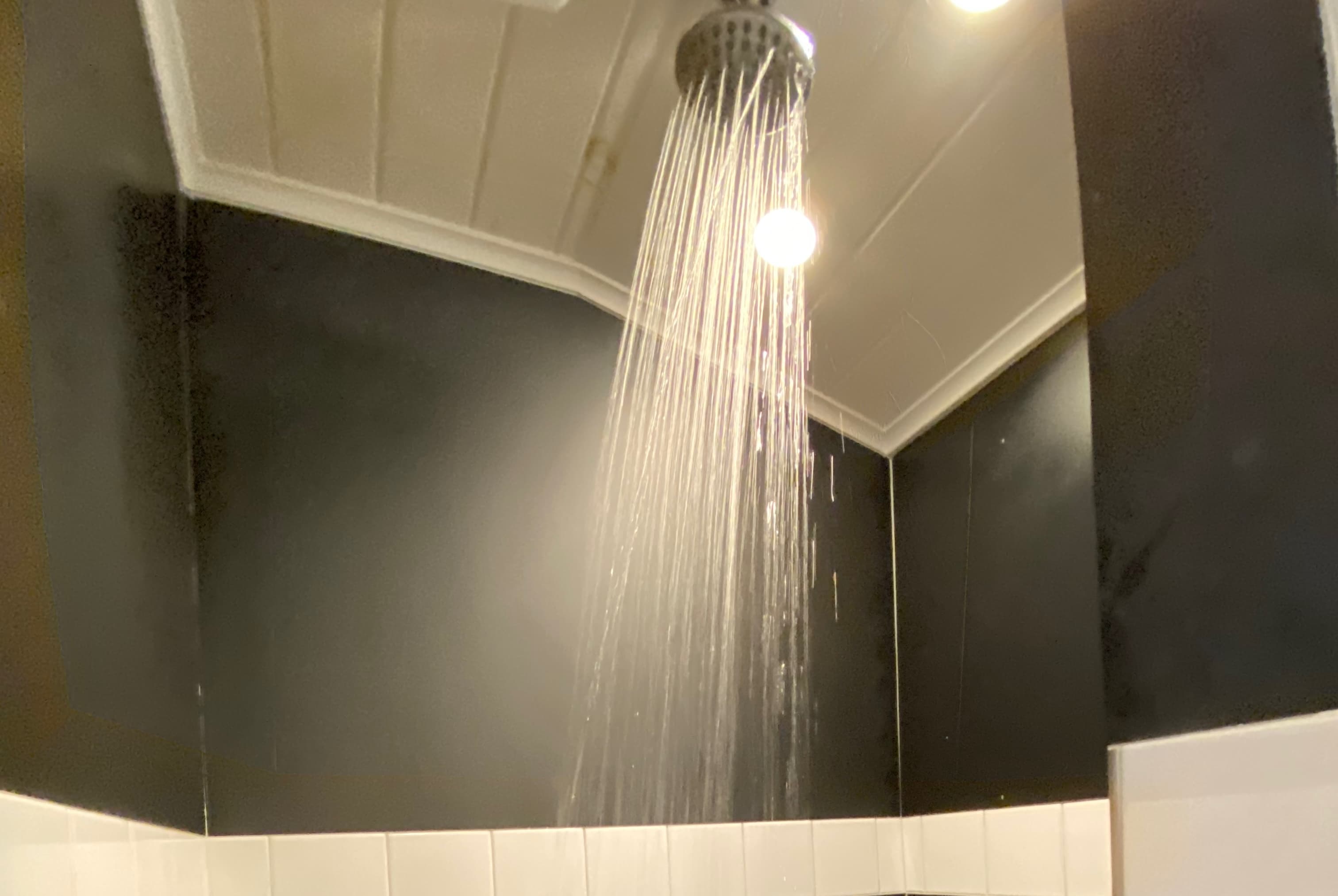 Shower eith chalkboard walls and white tile trim